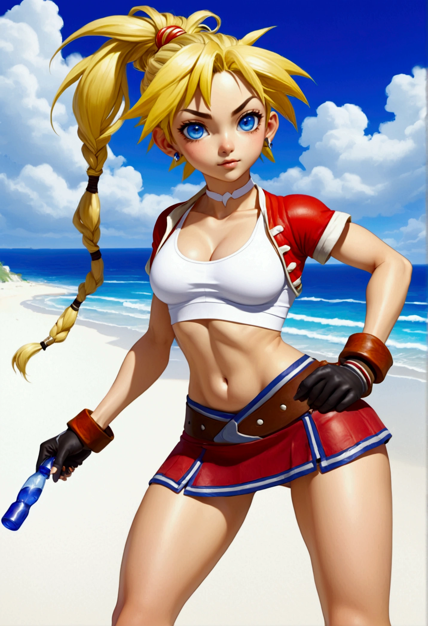 (promotional art), (Whole body view), (Kid from Chrono Cross), yellow hair in high ponytail braid, sapphire blue eyes, very slender toned frame, medium/large bust, pale white skin, (pair of white claw marks on both inner thighs;1.3), (strong glutes), fierce expression, BREAK: (tight red micro skirt with very high front slit), high cropped red jacket with short sleeves, skin tight white sports bra under jacket, (tight white sports bra:1.25), loose brown leather ankle boots, BREAK: 1/4 walking pose, on a white sand beach, ocean spray shooting up behind her