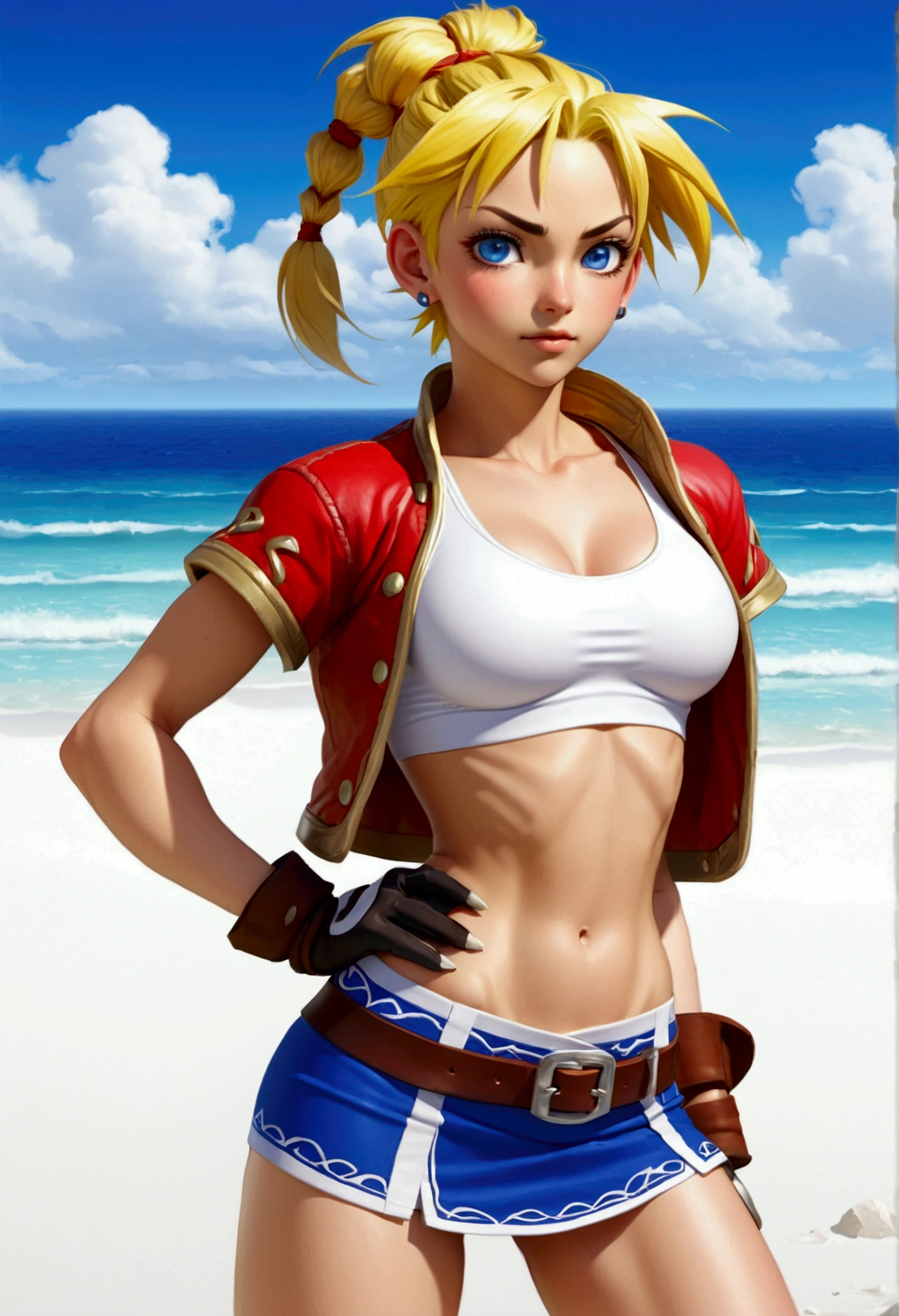 (promotional art), (Whole body view), (Kid from Chrono Cross), yellow hair in high ponytail braid, sapphire blue eyes, very slender toned frame, medium/large bust, pale white skin, (pair of white claw marks on both inner thighs;1.3), (strong glutes), fierce expression, BREAK: (tight red micro skirt with very high front slit), high cropped red jacket with short sleeves, skin tight white sports bra under jacket, (tight white sports bra:1.25), loose brown leather ankle boots, BREAK: 1/4 walking pose, on a white sand beach, ocean spray shooting up behind her