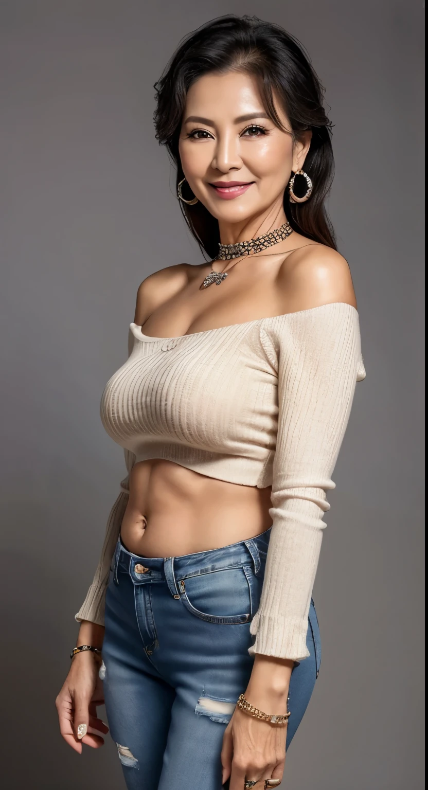 75 years old　mom　milf　Korean, Lady　large earring　Big choker　navel piercing decoration　A bracelet　realisitic　Gorgeous Madame Beautiful Mature Woman　sexly　Smile　Gentle woman navel piercing　４K　High quality　Gorgeous Madame Beautiful Mature Woman　Distressed jeans