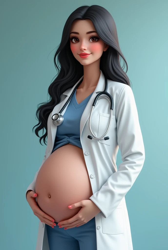 ((masterpiece, best quality, high quality)),1 girl, (Lower Body, hospital), (doctor_, lab coat, stethoscope, doctor),breast,Lipstick,Smile,Brown eyes,Black long hair,big pregnant belly, pregnant 40 weeks, huge breasts, There is no sea left in front of the forehead