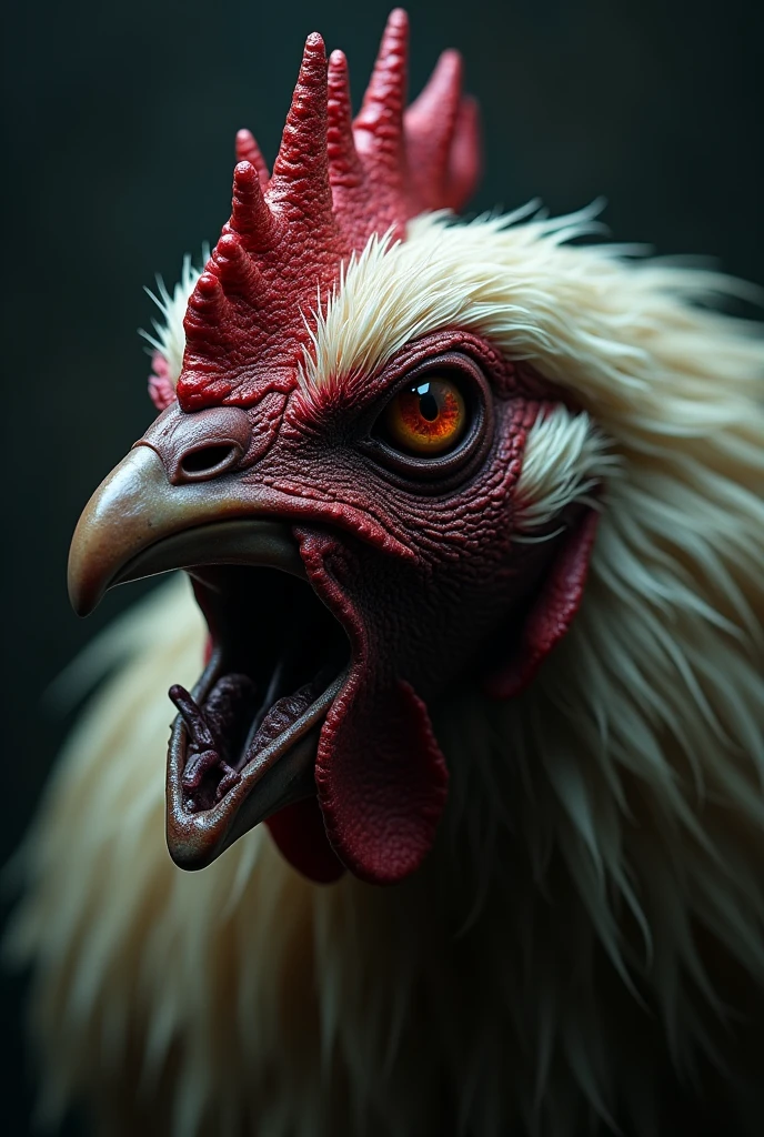 a zombie chicken, hyper-realistic, 1 chicken, close-up, detailed feathers, gnarled beak, sunken eyes, decaying flesh, glowing red eyes, detailed texture, dark shadows, moody lighting, dramatic lighting, horror atmosphere, muted colors, gritty, grim, creepy, unsettling, photorealistic, 8k, best quality, hyper detailed