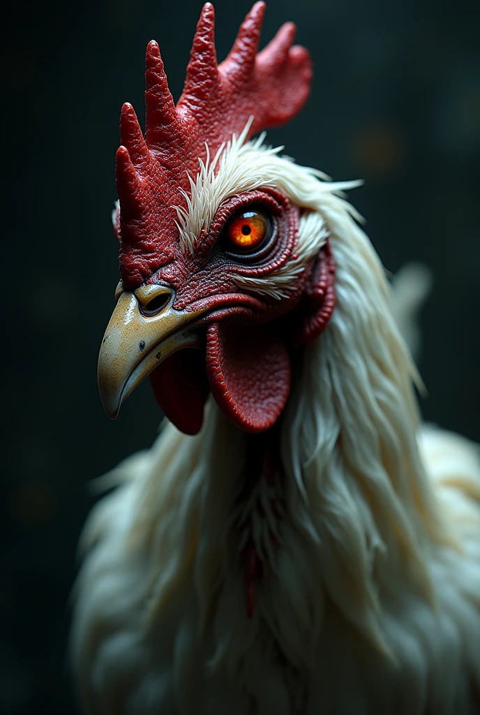 a zombie chicken, hyper-realistic, 1 chicken, close-up, detailed feathers, gnarled beak, sunken eyes, decaying flesh, glowing red eyes, detailed texture, dark shadows, moody lighting, dramatic lighting, horror atmosphere, muted colors, gritty, grim, creepy, unsettling, photorealistic, 8k, best quality, hyper detailed