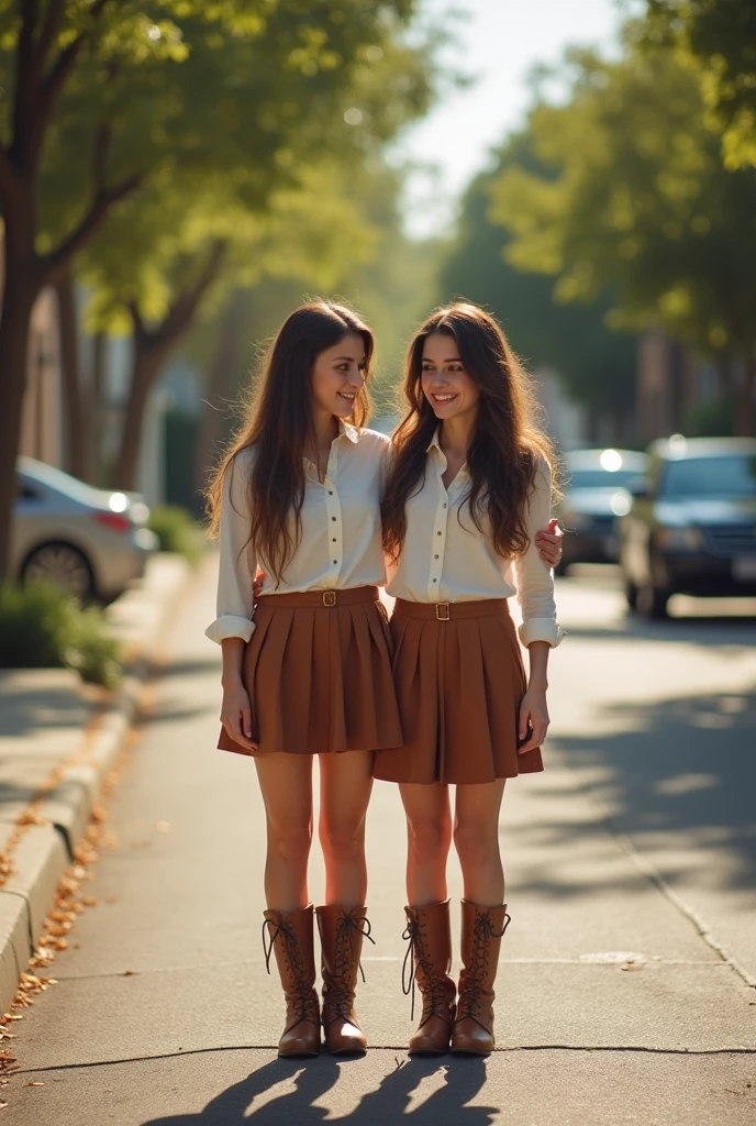 Show entire body, Feet in view, Aerial photography, twins , Brown hair, skirt, overkneeboots, neighborhood, Sunny day, smiling