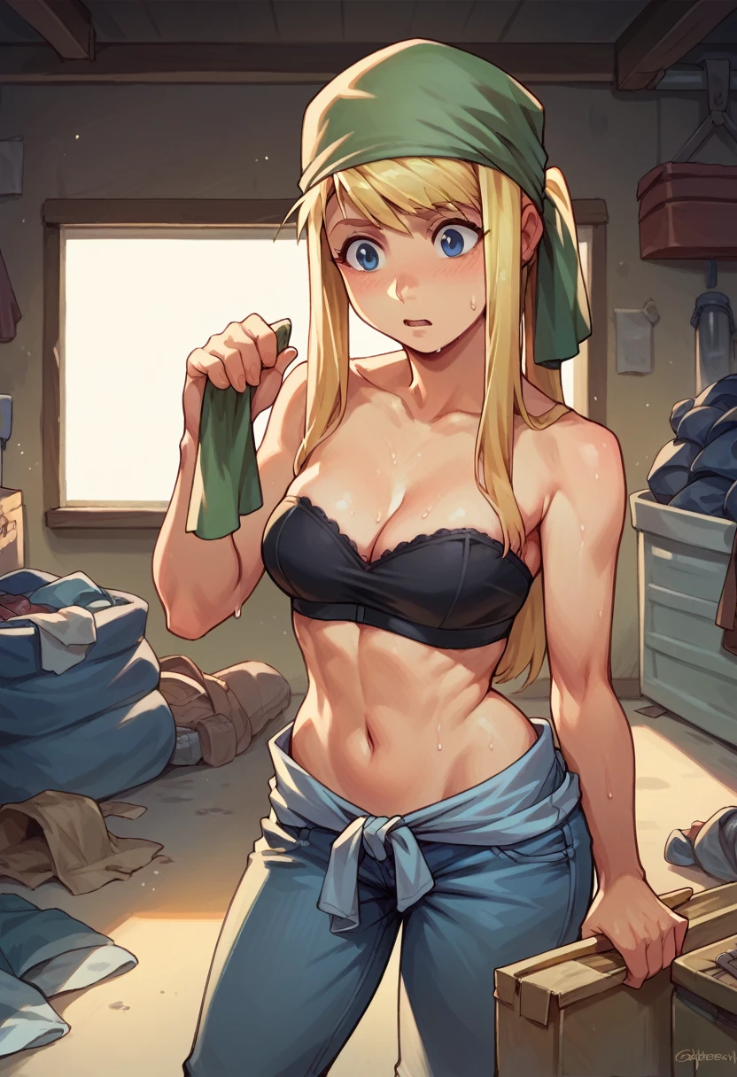 One girl, Winry Rockbell, black strapless bra, Short denim pants, Wrap a cloth around your head, sweating, Working in the garage