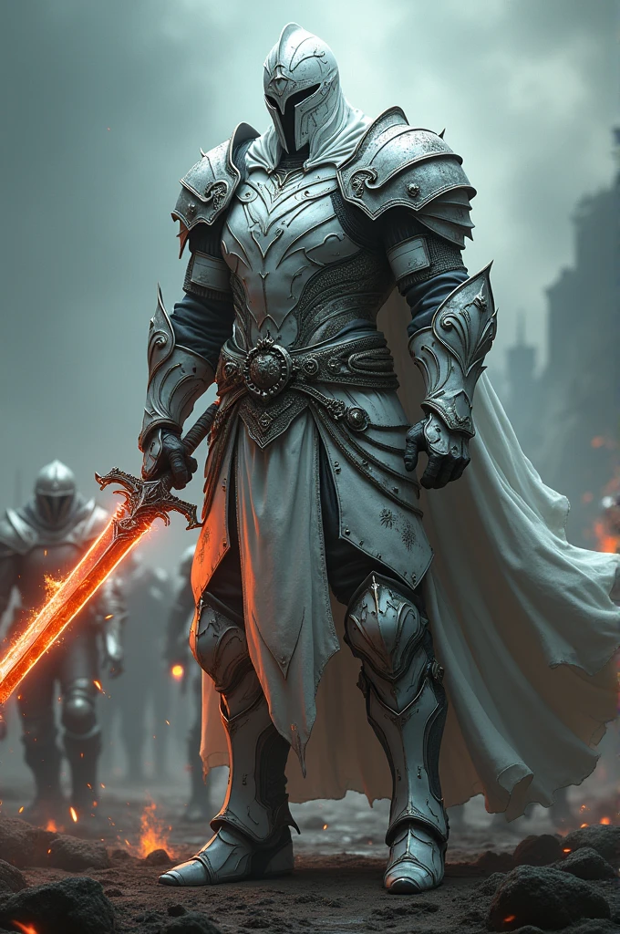 A stunning, highly detailed dark fantasy full body illustration of a proud warrior wearing intricate medieval white HKStyle armor and an epic helmet, holding a glowing sword in his hand, wide shoulders, wearing gauntlets, epic composition,( Positioned in a battlefield:1.1), battle on background, sword in his hand, with insanely intricate details and textures, gloomy dramatic lighting, 8K resolution, HKStyle, photorealistic, realism, 4k, Masterpiece,