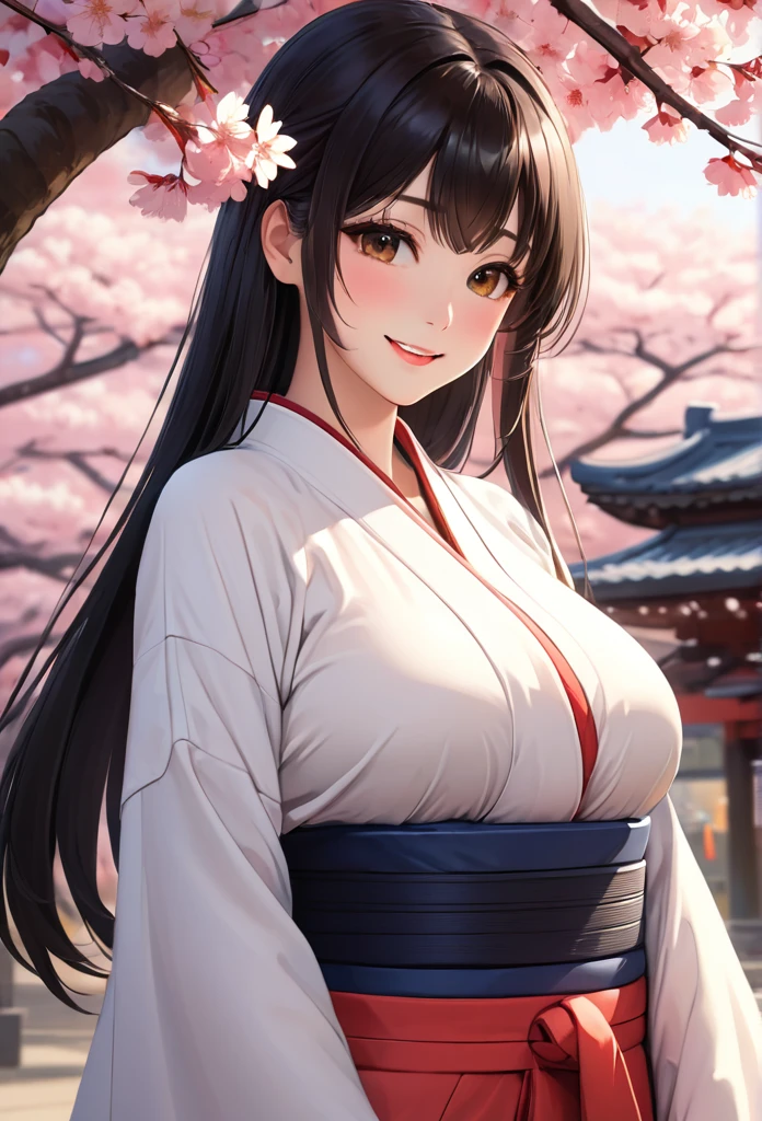 (Ultra-realistic), (picture), (High resolution), (In 8K), (Detailed), (Best illustrations), (Beautiful attention to detail), (Beautifully detailed face), (Highest quality), (非常にDetailed), (masterpiece), (wallpaper), (非常にDetailed顔), (Long black hair), (1 girl), (alone), (Detailed目, pale cheeks, Glowing Skin, Glossy Lips, Facial lighting), (Are standing:1.0), Camel Toe, (Large Breasts), (Large Breasts), (Thin thighs), (Narrow waist), (smile), (Miko costume), (Long sleeve), (Long hakama:1.2), (cherry blossoms), (shrine)