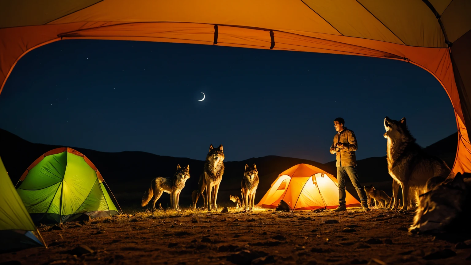 Family panicking at night in their tent as a pack of wolves approaches