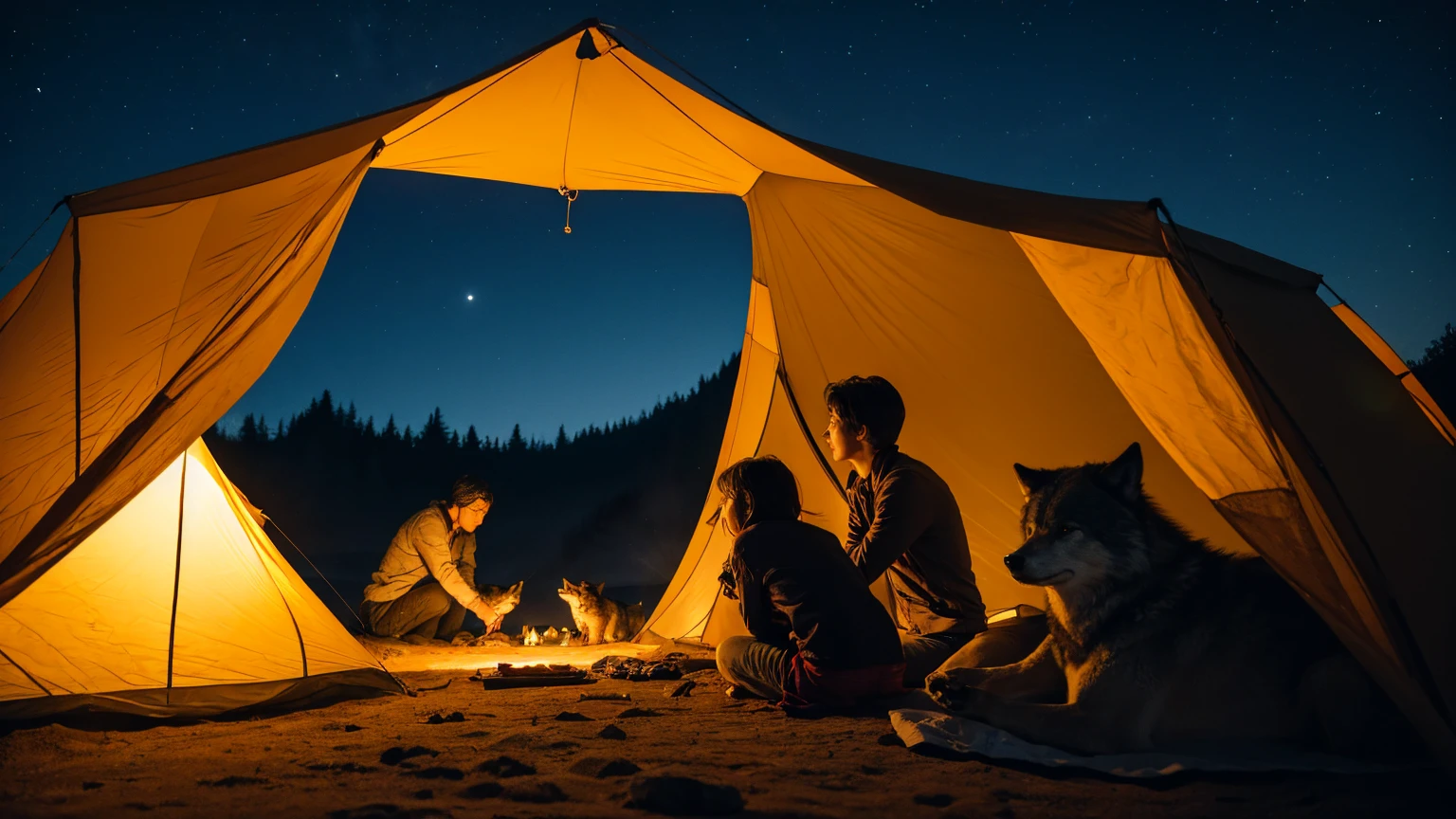 Family panicking at night in their tent as a pack of wolves approaches