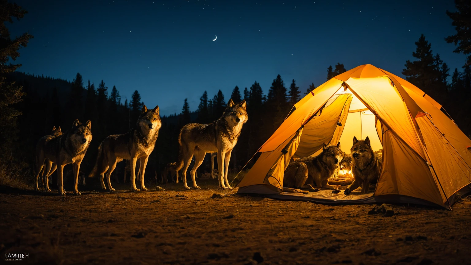 Family panicking at night in their tent as a pack of wolves approaches