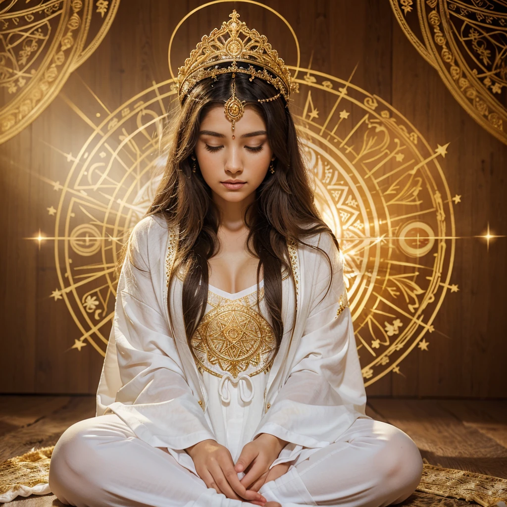 "Embracing Spiritual Challenges: The Path to Inner Growth and Universal Harmony" A beautiful young woman sits in meditation, her long hair cascading down. She is adorned in an exquisitely embroidered white robe with intricate gold patterns. Surrounding her are geometric designs and complex golden Star of David symbols, with some forming a large halo behind her head, background universal vibrations cosmic energy, unconditional love, spiritual awakening,