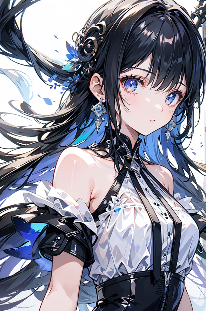 Exquisite facial features，Girl in western dress，Glassy eyes，Black long hair，cute，Sleeveless clothing