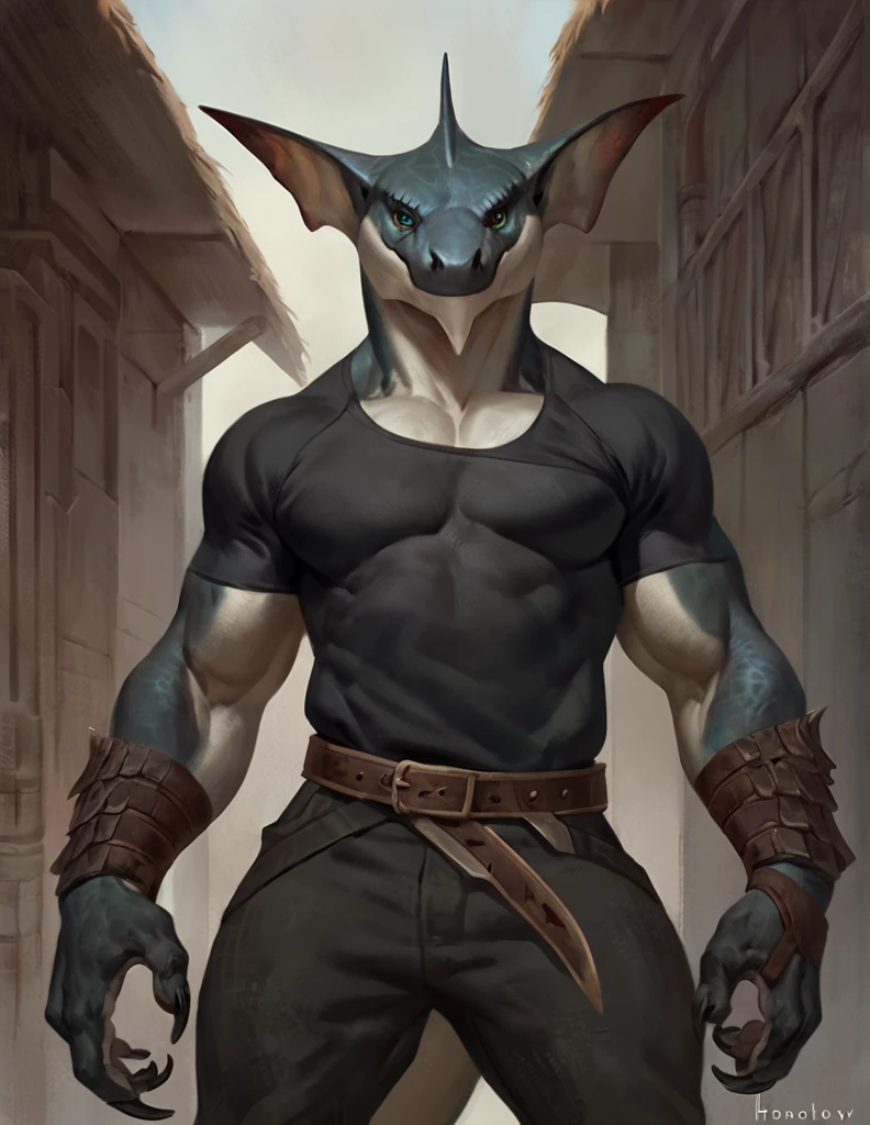 Sharkfolk, bull shark, comic book style, illustration, solo, ferocious, male, standing, mercenary, pants, masterpiece, best art, full body, by laobai, by taran fiddler, by honovy, detailed eyes, detailed body, claws, masculine body shape, fantasy, tall, tight t-shirt, pecs, belts on chest