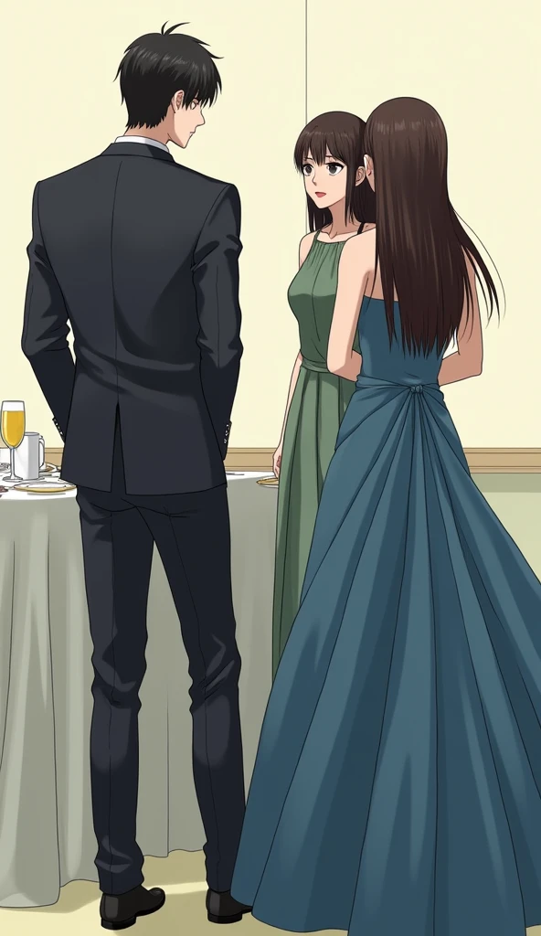 ((A woman with long hair)),banquet,Black straight hair,Simple dress,((Cold expression)),Japanese comic style,A man in a suit and short black hair is standing in the front left.,A woman with long, brown hair and a luxurious blue dress stands to the right