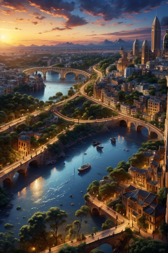 dawn, ancient city, cityscape, township, town, arial view