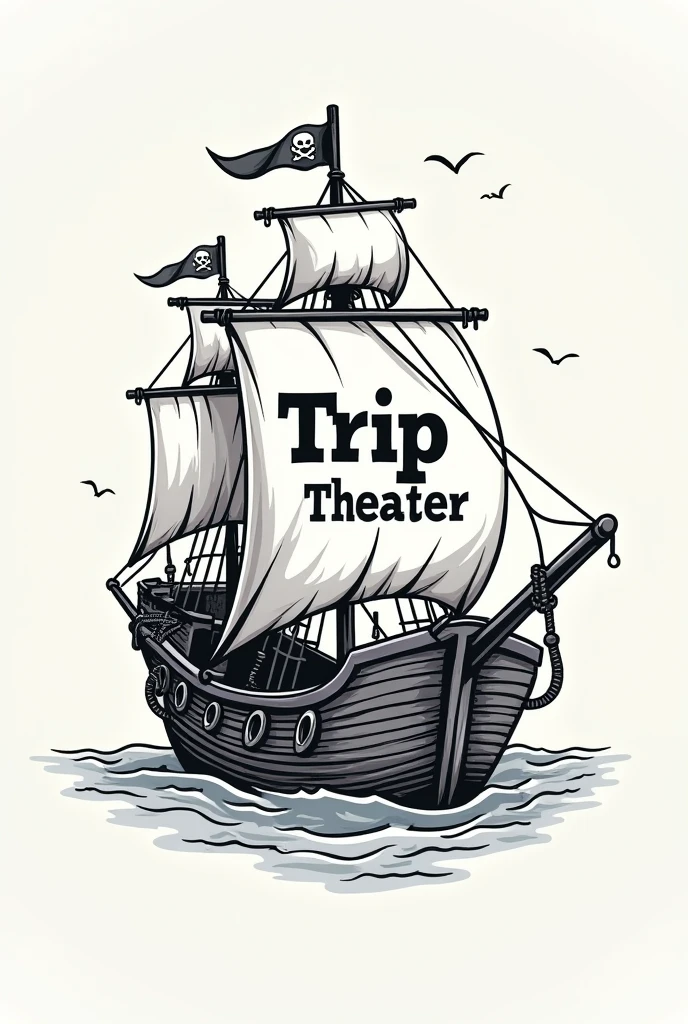 A cute pirate ship motif illustration is used as the background.、A modern and stylish monotone logo with the Trip Theater lettering in the center.