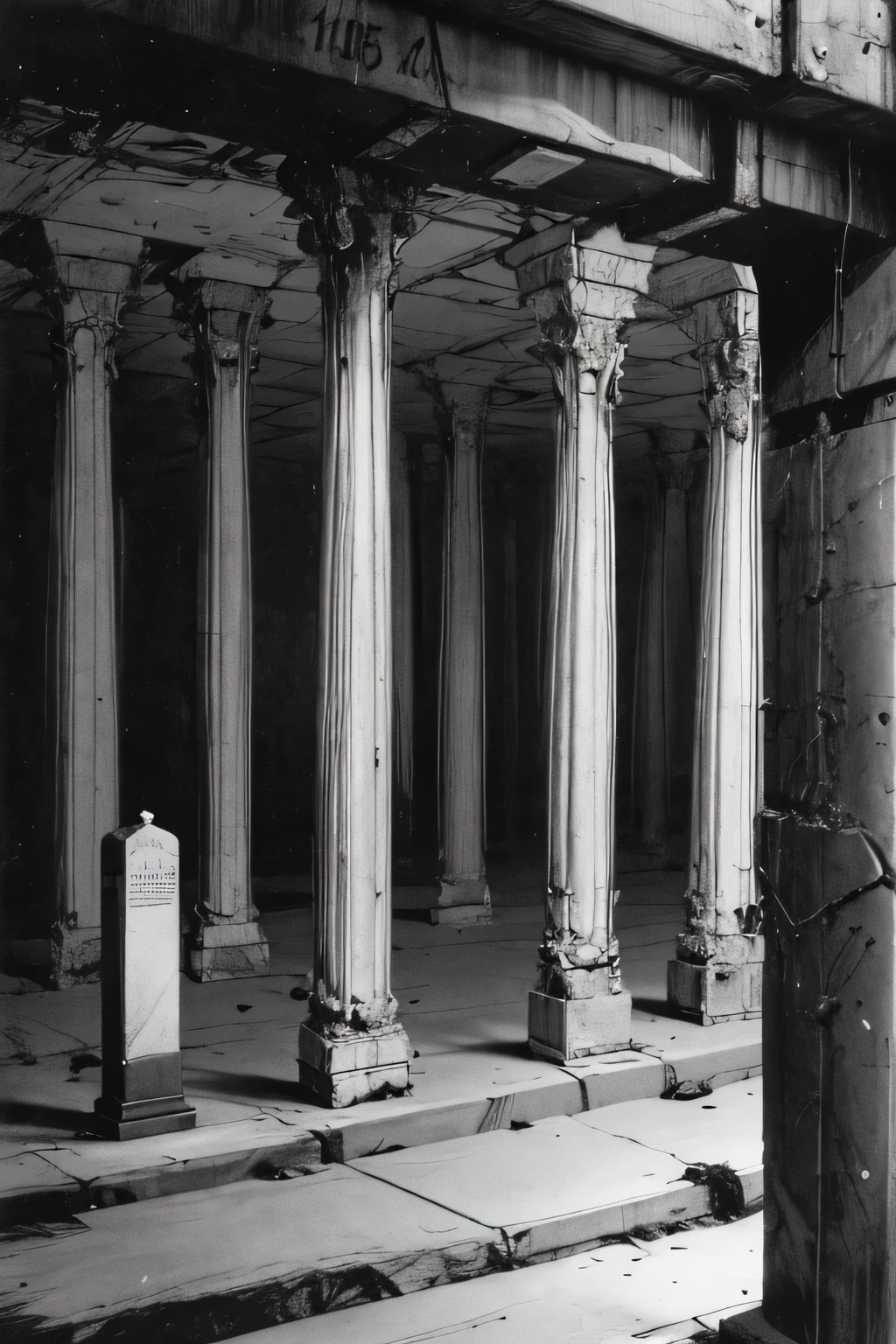 An industrial styled cemetery with open tombs, black and white and purple