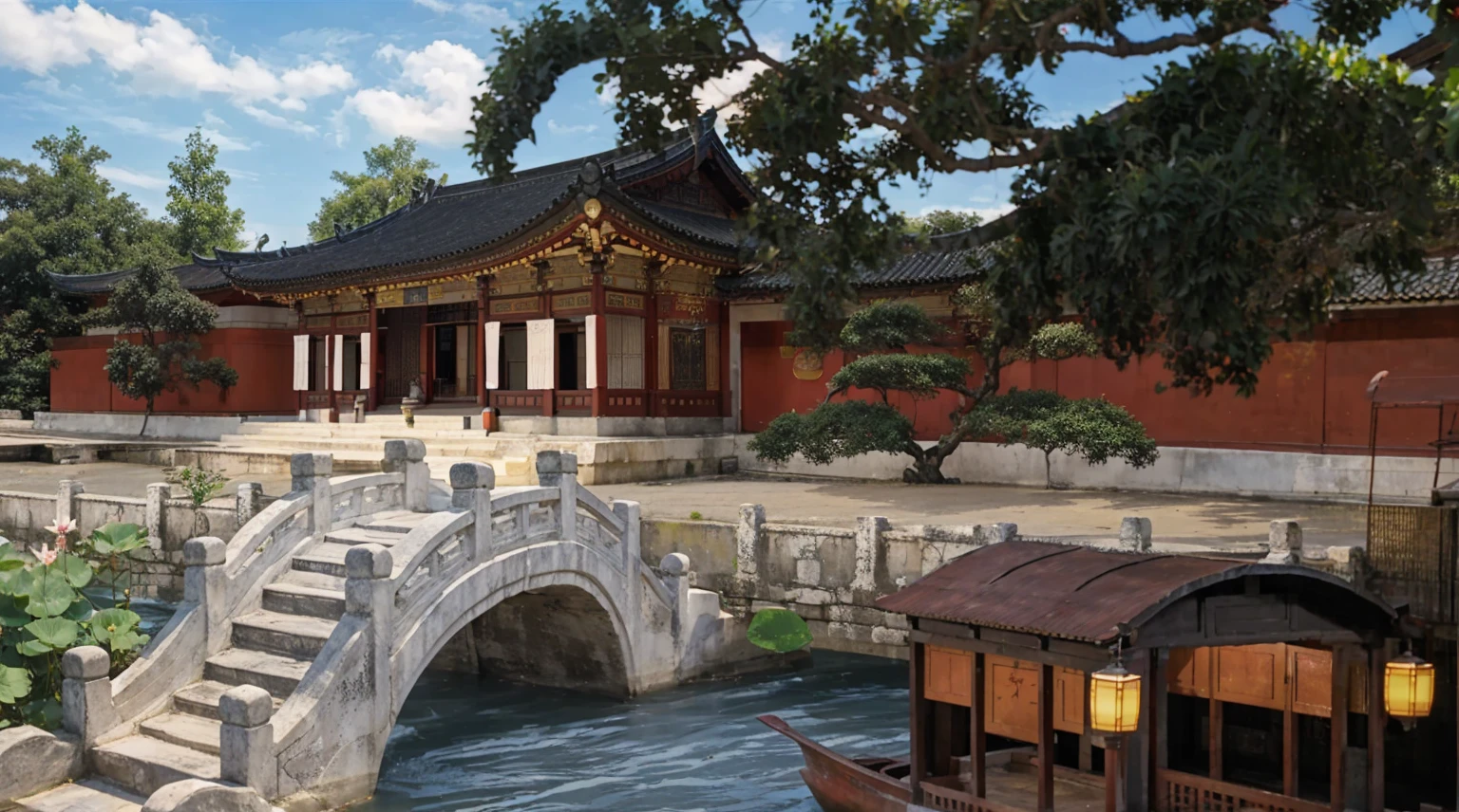 Chinese style architecture,Upturned eaves,Tiles lined up,Red walls and black tiles,The background is trees and blue sky,The gate connects the red low walls on both sides,The river is nearby,White stone bridge over the river,There are lotus flowers in the distance,There is a boat nearby,it's clear,The atmosphere is bright,Clarity,结构Clarity,Clearly layered,Precious silk,Deco,Precious Stone,Hanfu,32k——niece 5,(masterpiece,Top quality,Best Quality,Official Art,Beautiful beauty:1.2),(8k,Best Quality,masterpiece:1.2),(((White background,)))(merchandise/baoxiang),Fantasy,The Chinese Wes Anderson feeling, rich and colorful, landscape