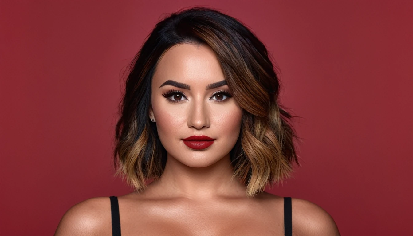 A waist-up portrait of a beautiful female whose face combines features of Demi Lovato + Ana de Armas. The female has lovely makeup on her face. The female wears red lipstick. Symmetrical eyes. Symmetrical face. Lovely details. Photorealistic. Full-colored photo. Professional photo. Highly detailed 8K.
