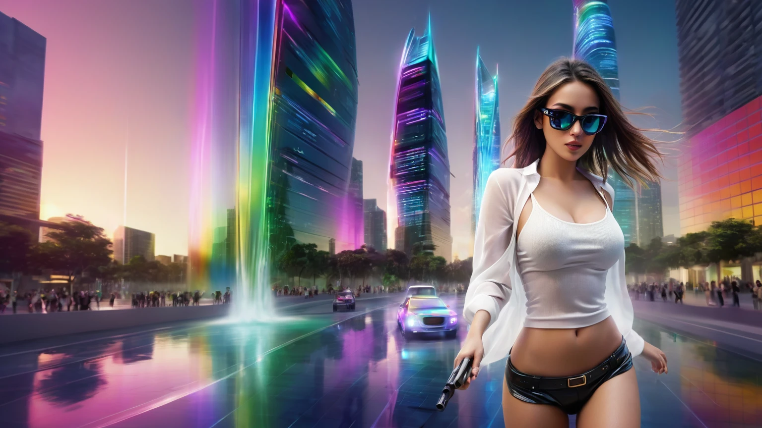 Estilo: arte conceitual. A cena: Futuristic cityscapes with colorful all-glass towering skyscrapers, sleek aerodynamic vehicles speeding through the air, rainbow colors waterfalls. High-resolution OLED GUI interfaces in the building, The windows are filled with transparent data visualization infographics that show it all, from weather patterns to traffic flow, Matrix cascading code. Colors are saturated and vibrant, com rosas e roxos quentes dominando o horizonte. Adobe Photoshop zoom blur effect background. At night, (1girl, solo), photo realistic, medium-breast:1.3 slim body, cleavage, sling top, miniskirt, (matrix style black sunglasses, holding a short gun), half-body thigh level medium shot, cinematic lighting, ray tracing.