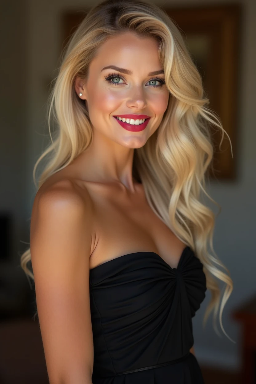 blonde woman tall, biglips with lipstick,  black dress, warm smile, blue eyes