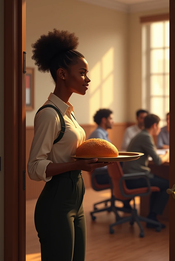 Black person walks in during a meeting with tray of freshly baked bread and says, " everyone, I brought some bread from Fados"