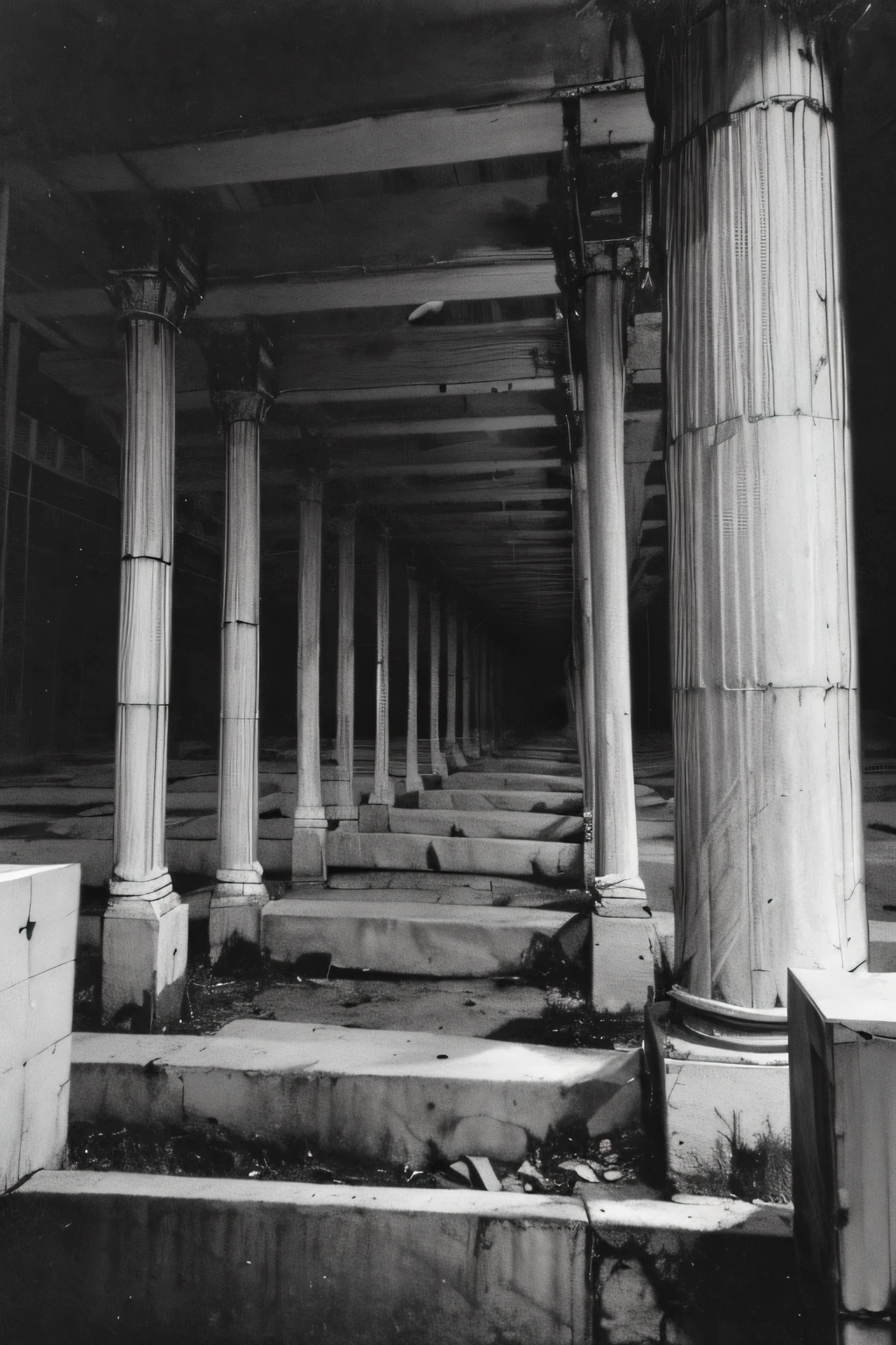 An industrial styled cemetery with open tombs, black and white and purple