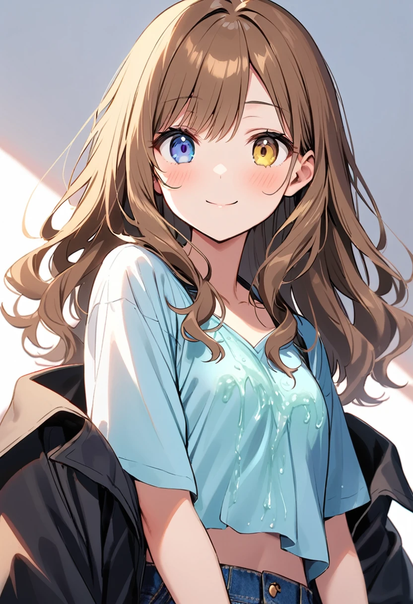 16 year old girl, sixteenn years old girl, expressive eyes, perfect face, heterochromia: the left eye is yellow and the right eye is light blue, Brown hair, Medium shoulder length hair, soft wavy hair, gentle smile, loose hair, side bangs, Modern clothing, Blue short sleeve V-neck shirt, fluid blouse, black off shoulder coat, Cowboys, solo girl.