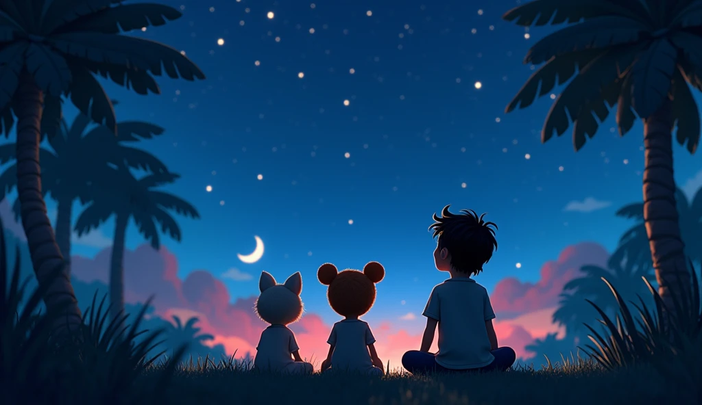Timmy sitting with his friends, gazing up at a star-filled sky, The 3D anime style should capture the wonder in their eyes as they look at the twinkling stars and the glowing moon, The scene should feel peaceful and beautiful, with the colorful nuances of the jungle still visible in the night, um personagem animado, Caractere estilizado, animation style rendering, 3D estilizado, Arnold Maya render, 3 d render stylized, toon render keyshot, Personagem 3D, Personagem 3D, 3d rendering stylized, 3d character render, personagem de desenho animado, Personagem de close up, Pose de personagem, (Estilo Pixar) (master part:1.2) (Bokeh) (best quality) (pele detalhada) (textura detalhada) (8k) (argila) (Cinematic lighting) (foco nítido,Senta e vaza a parte superior do corpo