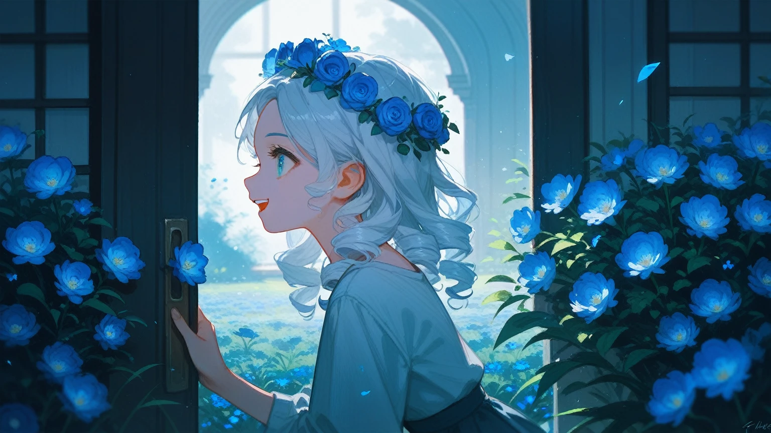A young girl,Extra-long white curls,Blue flowers on head,Sitting in a field of blue flowers,Open your mouth,Smile,Movie Lighting,out-of-door,moonlight,The character is on the left,Profile,Reach out and invite
