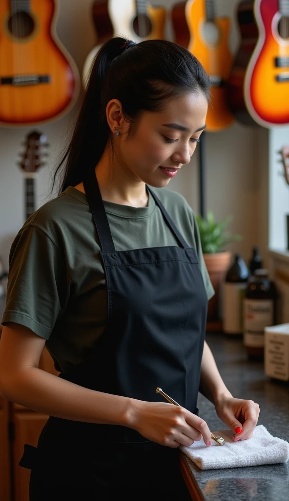 A woman in her late 20s with long black hair tied back and wearing a black apron cleaning in a guitar shop