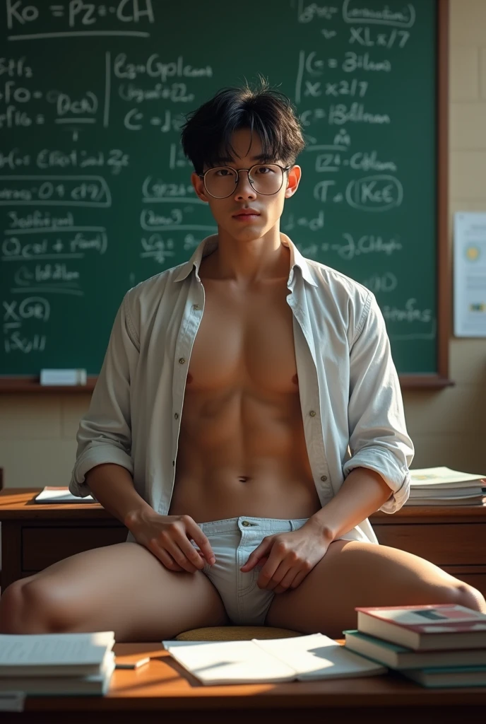 Chinese-korean-vietnamese Idol man ,(hot,sexy,attractive:1.2),hunky male professor with hairy muscles,button-up shirt torn open,suit pants,full,thick,covered in milk,wear shirt, open chest shirt, showing off body, toned abs and full chest,big dick,pubic hairs, clean-shaven with neatly cut,sitting on classroom desk,confident gaze,classroom setting,blackboard with equations and formulas,Legs wide open,revealing panties, hand touching crotch,vibrant chalk colors,academic books and papers scattered on desk,messy hair,dedicated to teaching,lewd smile,lots of student attention,dreamy atmosphere,serious yet approachable vibe,HDR,ultra-detailed,physically-based rendering,sharp focus,vivid colors,wear glasses,six pack ,sexy poses,, push groin up