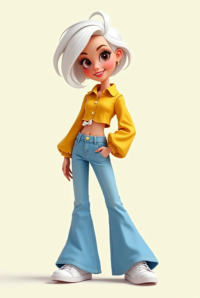 Cartoon Barbie with white hair ,short ,brown eyes dressed in light blue bell-bottom jeans ,Yellow long-sleeved button-down shirt with a white bow on the side ,WHITE TENNIS