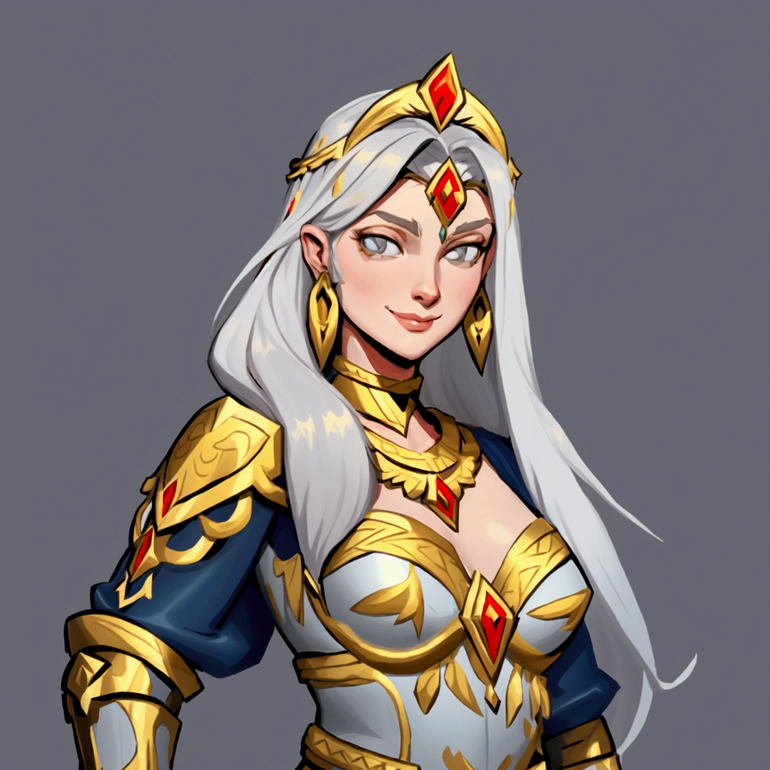 concept art, European and American comics, game character design, junior, Beautiful appearance like a goddess, european woman white long hair, Metal ornaments on the head, gray eyes, gold necklace on neck, ear ring earrings, Shoulder guard on shoulder, Female Warrior Armor, A little smile 