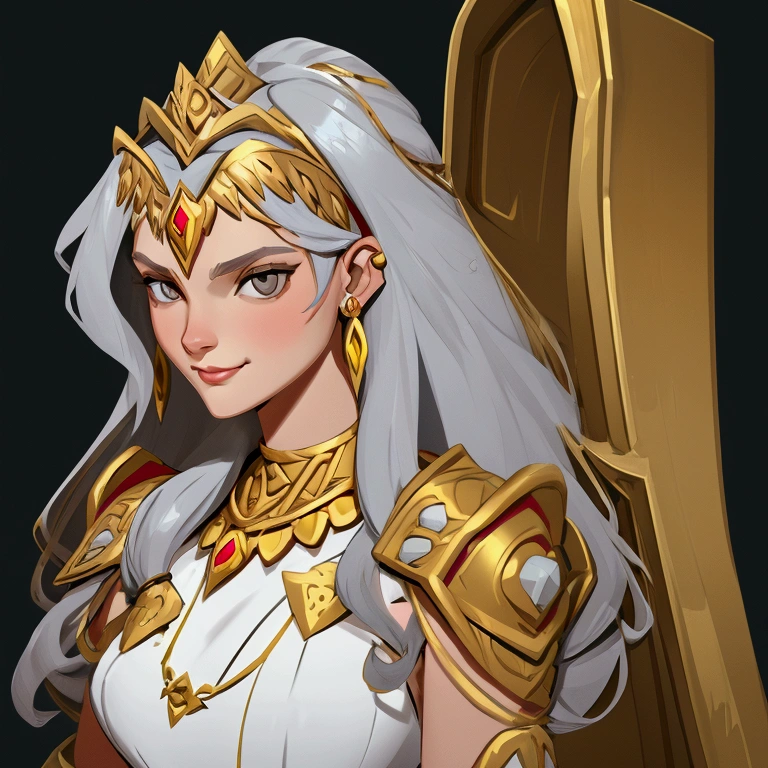 concept art, European and American comics, game character design, junior, Beautiful appearance like a goddess, european woman white long hair, Metal ornaments on the head, gray eyes, gold necklace on neck, ear ring earrings, Shoulder guard on shoulder, Female Warrior Armor, A little smile