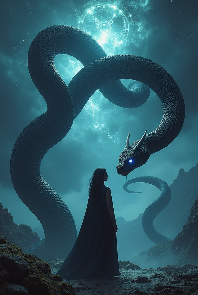 Lilith speaking to her essence the giant black Mamba Serpent with glowing alchemist symbols in the black sky