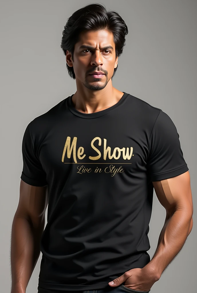 Shahrukh Khan wearing t-shirts promoting luxury BRAND CALLED ME SHOW TAG LINE LIVE IN STYLE