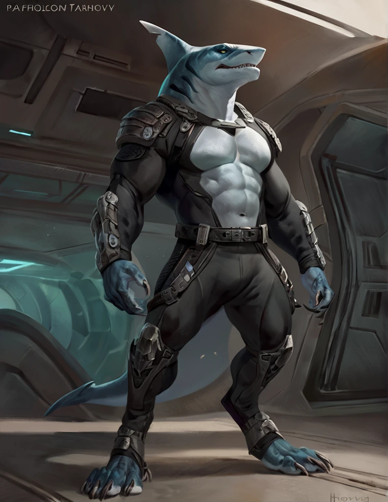Sharkfolk, bull shark, comic book style, illustration, solo, ferocious, male, standing, mercenary, pants, masterpiece, best art, full body, by laobai, by taran fiddler, by honovy, detailed eyes, detailed body, claws, masculine body shape, fantasy, tall, futuristic bodysuit, tight t-shirt, pecs, pants, belts on chest