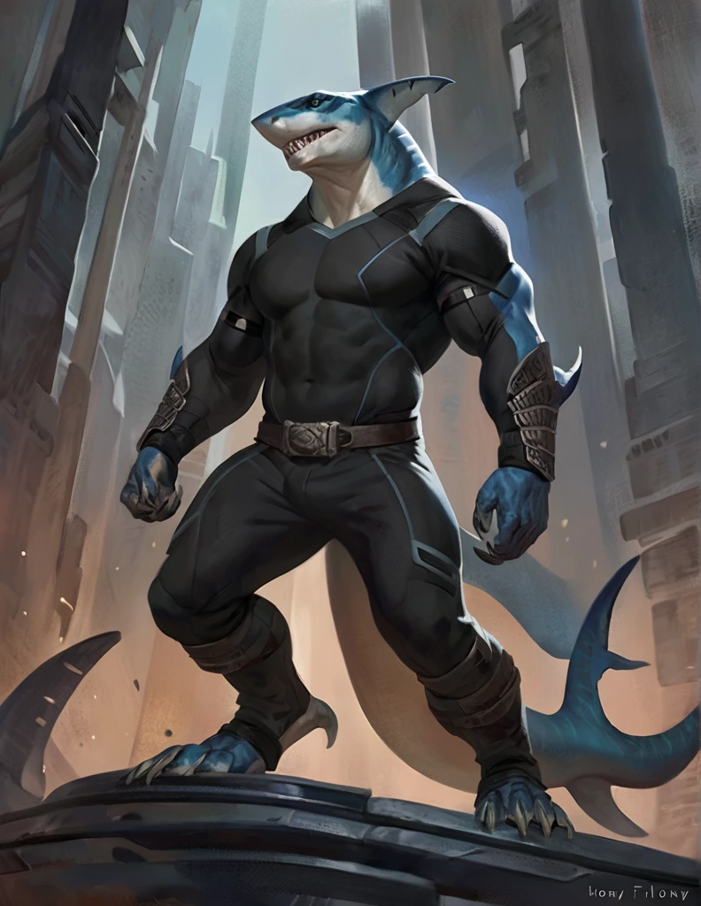 Sharkfolk, bull shark, comic book style, illustration, solo, ferocious, male, standing, mercenary, pants, masterpiece, best art, full body, by laobai, by taran fiddler, by honovy, detailed eyes, detailed body, claws, masculine body shape, fantasy, tall, futuristic bodysuit, tight t-shirt, pecs, pants, belts on chest