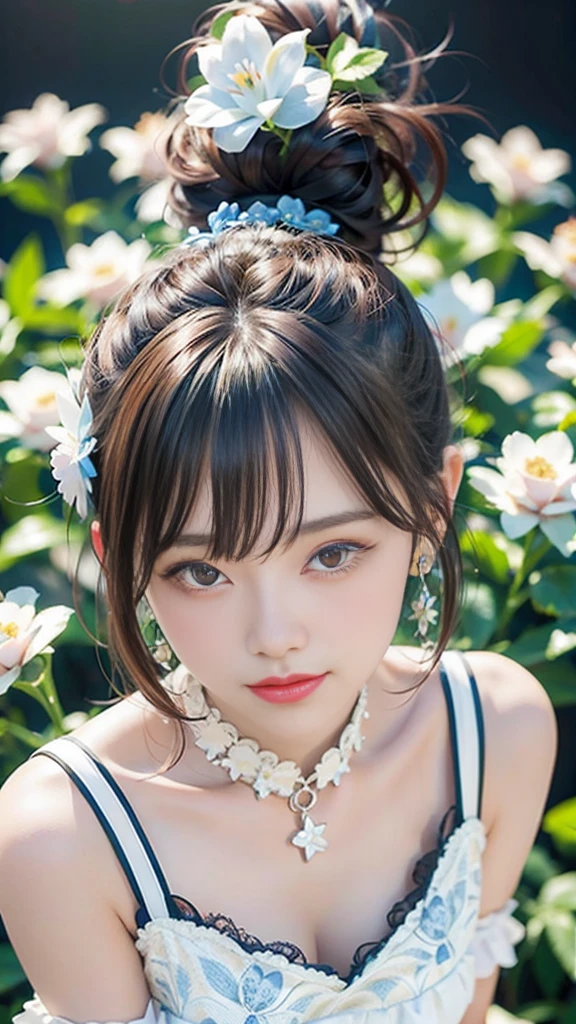 8k,Confused, High resolution, Very detailed, 1 girl, alone, Very beautiful eyes, Ultra-precise depiction, artistic、Very detailed depiction, (Tangled:1.2), , (White high key background:1.5), (((White dress with blue flower pattern 1.5))), 、 short hair、Loose wavy hair、Earrings and Necklaces、Brown Hair, (Glowing Skin), Many colors, , (Shooting from above:1.2),、Flat Body、slim、cute、、Round face、Cast a Shadow、、Smile 1.3