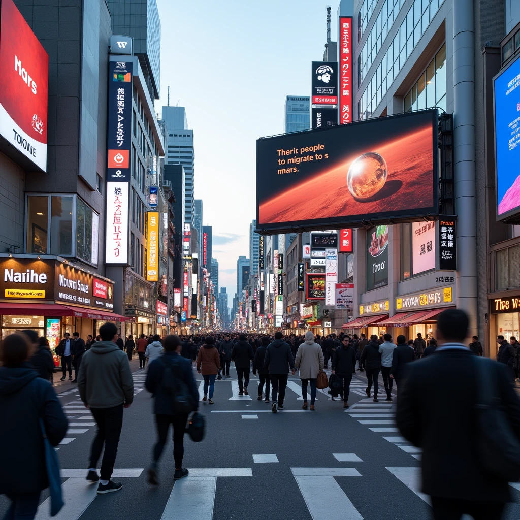 The streets of Tokyo, where people come and go. A commercial encouraging people to migrate to Mars runs on a big monitor display.