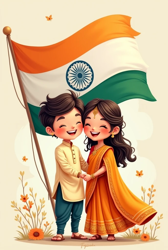 Cute couple with indan flag cartoon