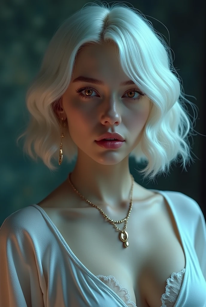 realistic,(best quality, masterpiece),(ultra detailed),(high detail RAW color photo) of a beautiful elegant ((mega breasted)) albino woman,(wavy bob-cut hair),(necklace and earrings),(open clothes with ((deep neckline))),(detailed cute face and neon glowing eyes),(full glossy lips,the mouth slightly open),(looking at camera),(frontal centered symmetrical composition),(perfect professional lighting),8K,HDR,UHD Professional photography,