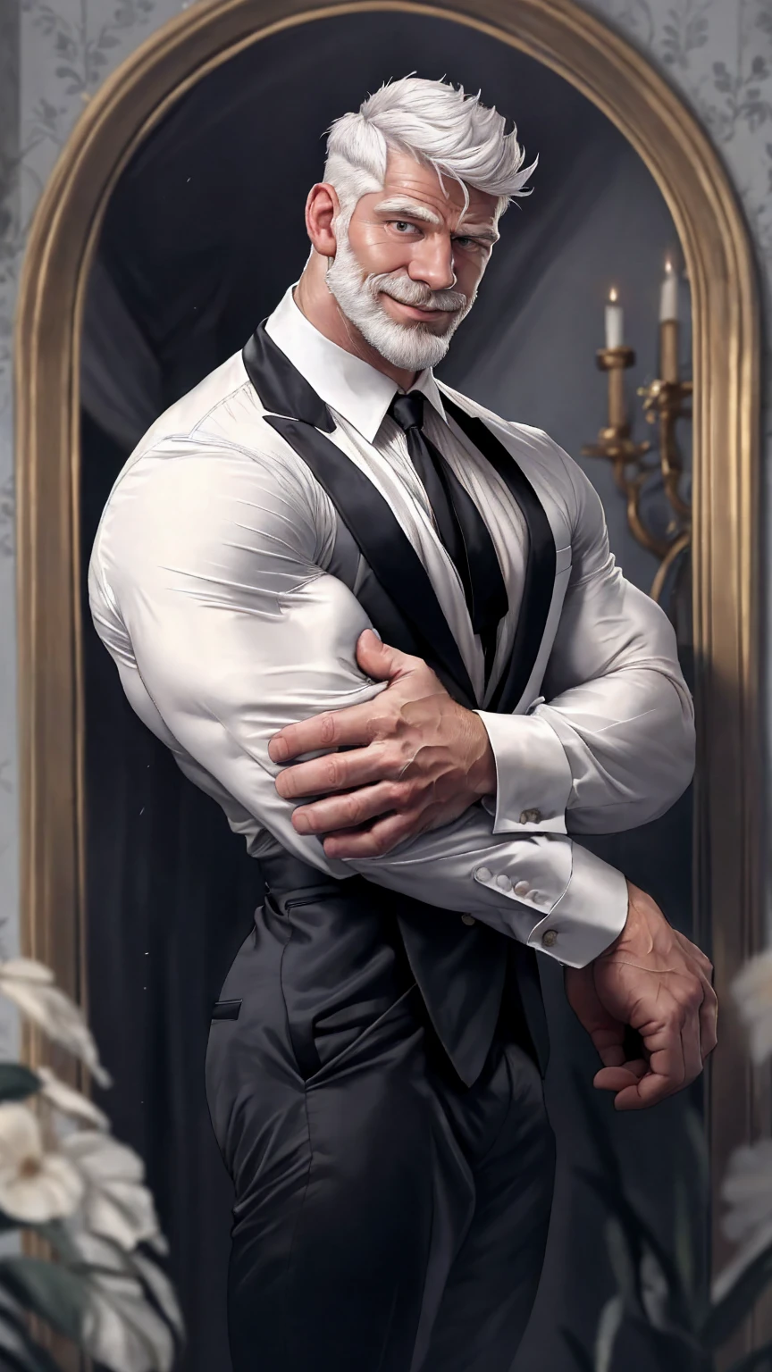 Highly detailed paintings, portraits, works of William-Adolf Bouguereau, Finnish Tom, Gaston Bussier, Alfons March, ethereal, poetic pastoral. Handsome Magazine! Beard, short hair, small head and tall man, wearing a black and gray open suit, open white shirt!!! ( 8K, masterpiece, best quality, high resolution, super detail) elegant! Fashion background!! HD, 8k, thin and tall! Muscled, chest hair, hairy chest muscles! Smirk, masterpiece, best quality, high resolution, detailed background, strong body, very, male, he is about 40 years old, strong and handsome, muscular tissue, too many muscles, chest muscles! Detailed background, best quality, masterpiece, (muscle: 1.5), (white hair: 1.5)