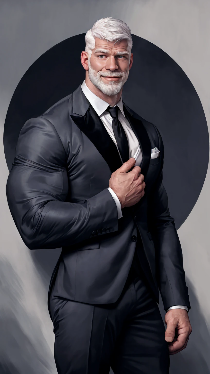 Highly detailed paintings, portraits, works of William-Adolf Bouguereau, Finnish Tom, Gaston Bussier, Alfons March, ethereal, poetic pastoral. Handsome Magazine! Beard, short hair, small head and tall man, wearing a black and gray open suit, open white shirt!!! ( 8K, masterpiece, best quality, high resolution, super detail) elegant! Fashion background!! HD, 8k, thin and tall! Muscled, chest hair, hairy chest muscles! Smirk, masterpiece, best quality, high resolution, detailed background, strong body, very, male, he is about 40 years old, strong and handsome, muscular tissue, too many muscles, chest muscles! Detailed background, best quality, masterpiece, (muscle: 1.5), (white hair: 1.5)