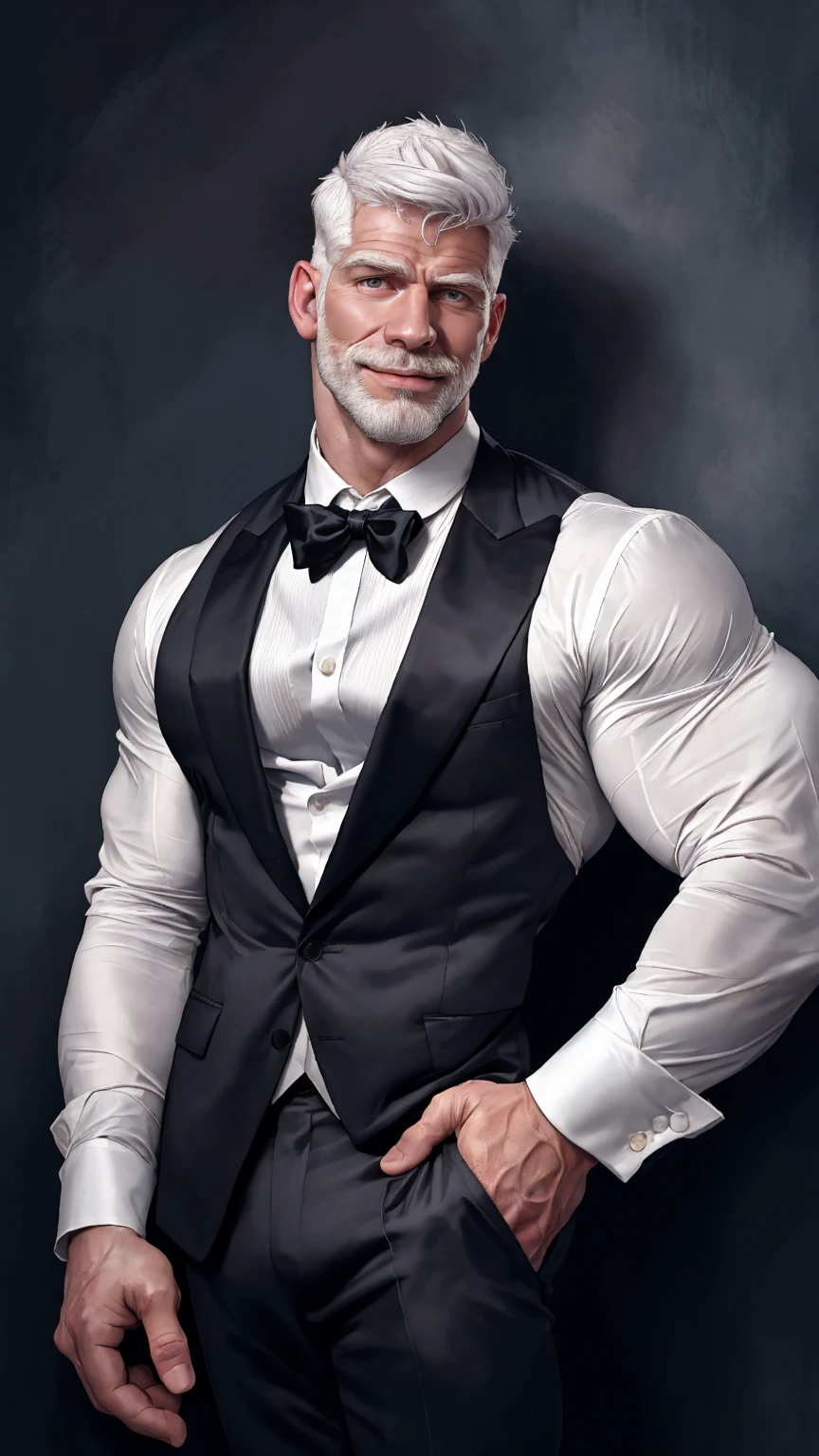 Highly detailed paintings, portraits, works of William-Adolf Bouguereau, Finnish Tom, Gaston Bussier, Alfons March, ethereal, poetic pastoral. Handsome Magazine! Beard, short hair, small head and tall man, wearing a black and gray open suit, open white shirt!!! ( 8K, masterpiece, best quality, high resolution, super detail) elegant! Fashion background!! HD, 8k, thin and tall! Muscled, chest hair, hairy chest muscles! Smirk, masterpiece, best quality, high resolution, detailed background, strong body, very, male, he is about 40 years old, strong and handsome, muscular tissue, too many muscles, chest muscles! Detailed background, best quality, masterpiece, (muscle: 1.5), (white hair: 1.5)