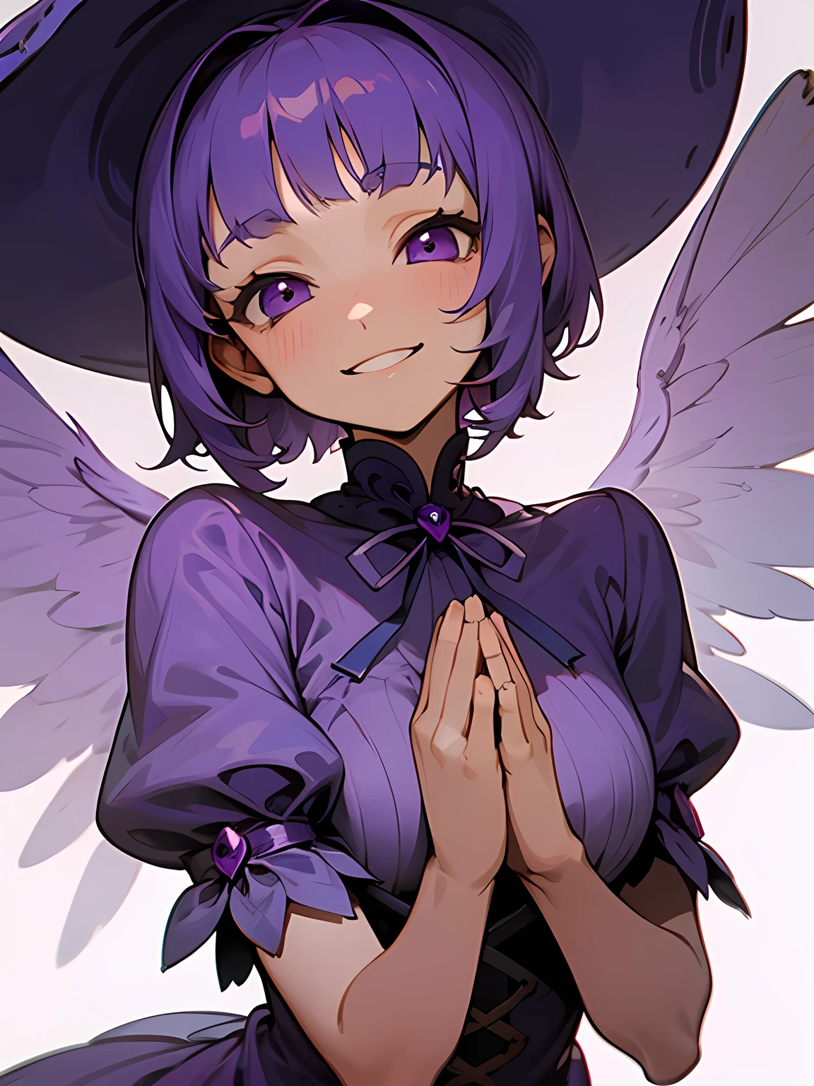 facing viewer,solo,20years old,upperbody,blue purple color hair,(very short thin pixiecut Mushroom hairstyle),blunt bangs,backcut,praying grin smile,(purple angel wings),white fril dress, purple neck big ribbon,white simple background,