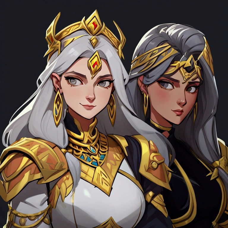 concept art, European and American comics, game character design, junior, Beautiful appearance like a goddess, european woman white long hair, Metal ornaments on the head, gray eyes, gold necklace on neck, ear ring earrings, Shoulder guard on shoulder, Female Warrior Armor, A little smile, Clean black lines
