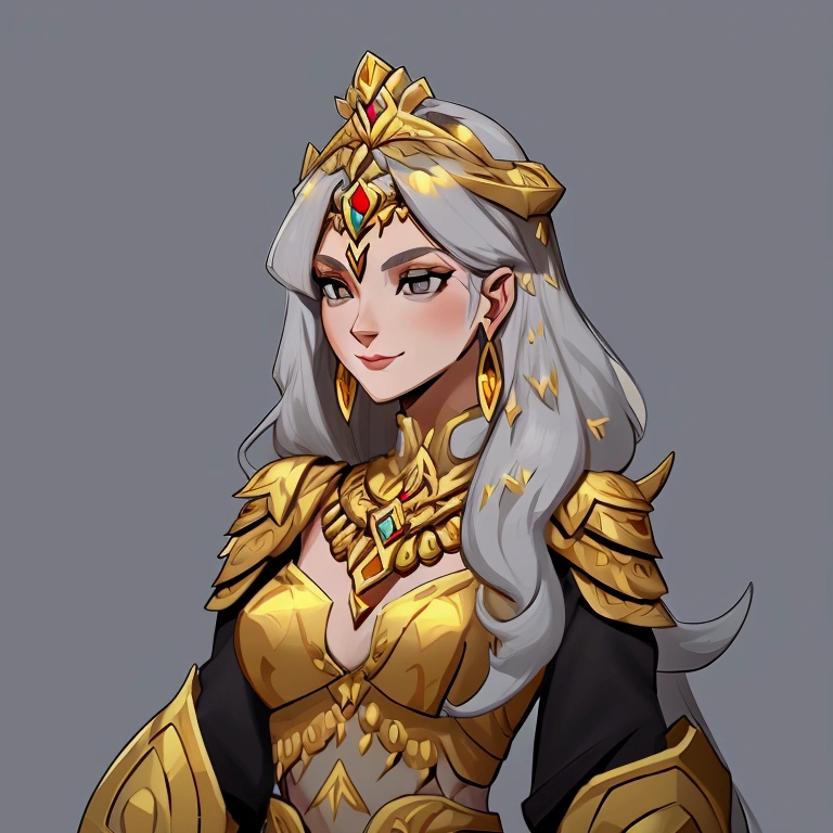 concept art, European and American comics, game character design, junior, Beautiful appearance like a goddess, european woman white long hair, Metal ornaments on the head, gray eyes, gold necklace on neck, ear ring earrings, Shoulder guard on shoulder, Female Warrior Armor, A little smile, Clean black lines