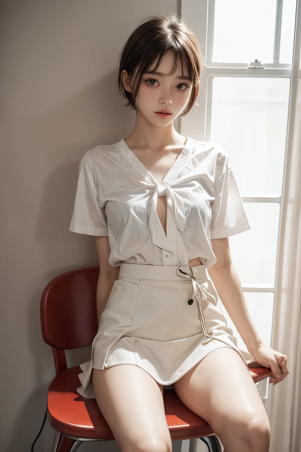 Cute girl is confined and tied up、White panties under a black mini tight skirt、Short sleeve shirt、Tied to a chair with a rope、beauty、Age 18、Medium、Cute face、Innocent look、Realistic Face、Her hands are tied behind her back with a red rope、Short Hair、Shooting from directly below using a reflector
