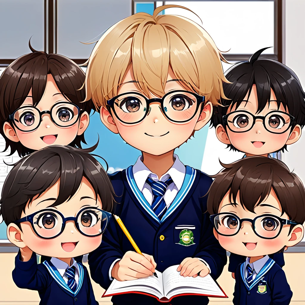 A cute boy、anime、mascot、Primary school students、Teacher with glasses